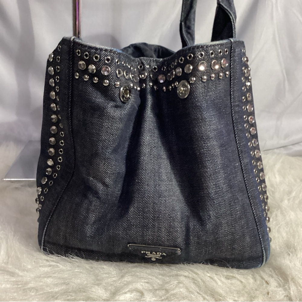 SOLD………Prada Canapa Studded Grommet Embellished Denim Tote w/ Long Strap RARE - Picture 4 of 16